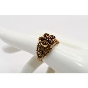 1960s Red Rhinestone Flower Ring Gold Etched Adjustable Sz 7.5